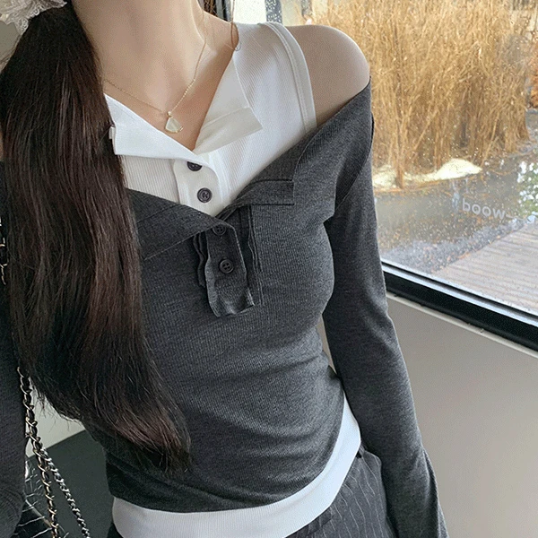 [슬림핏/유니크] 롱디 페이크 버튼 나시 긴팔 티셔츠