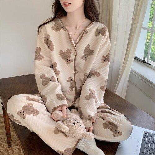 곰돌이 누빔 잠옷 노카라 겨울 긴팔 순면 퀼팅 빅사이즈 수면 여성 파자마 파티 실내복