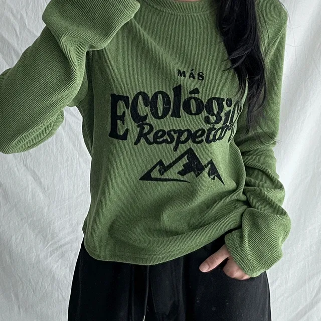 마쓰 골지 레터링 나염 긴팔 니트 빈티지 프린팅 슬림핏 세미크롭 긴소매 티셔츠 3color