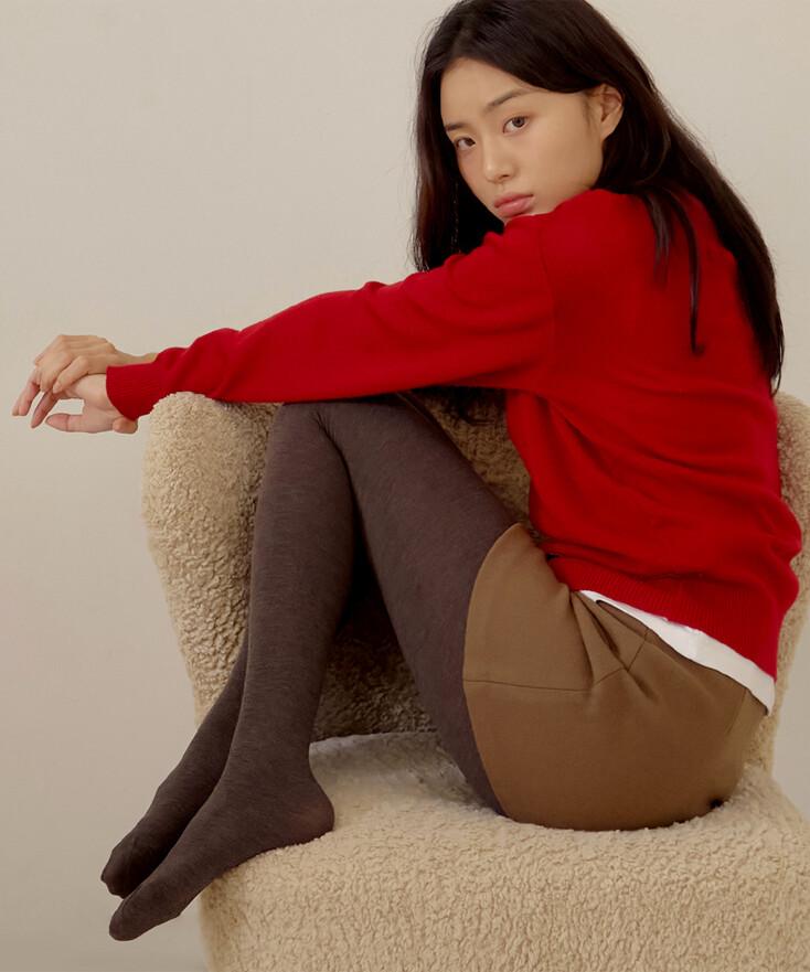 골지 코튼 니트 면 스타킹 브라운