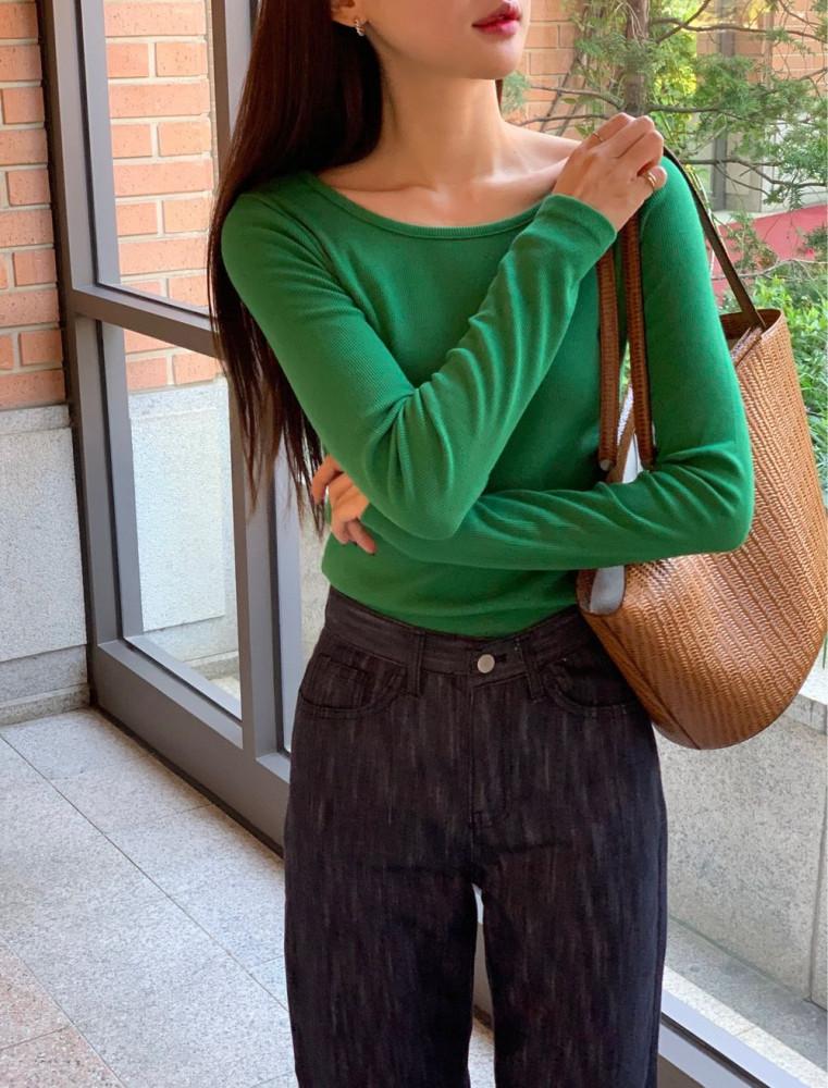 컬러 긴팔 라운드넥 골지 레이어드 티셔츠