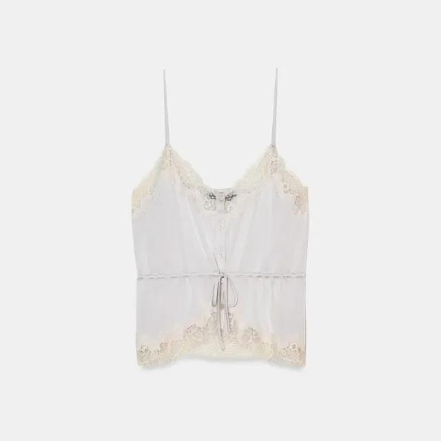 자라 새틴 레이스 브이넥 캐미솔 탑 4764/002/804 PEARL GREY
