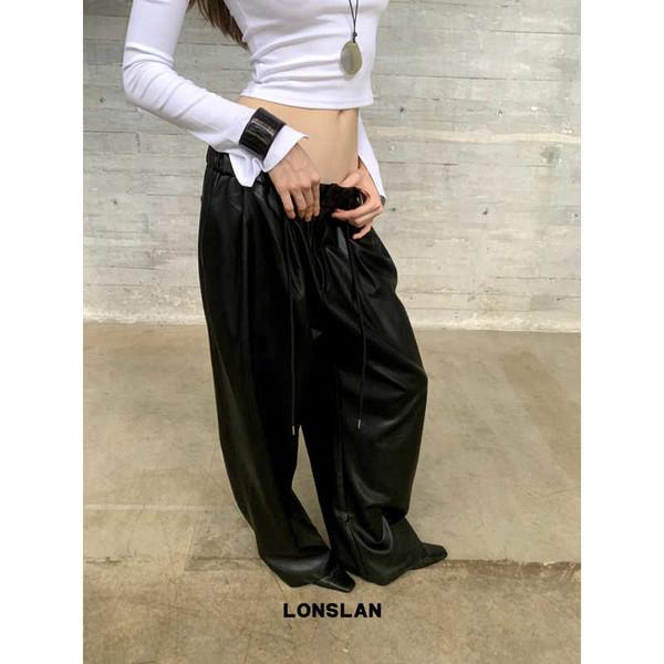 LONSLAN Elastic Strap Leather Pants
