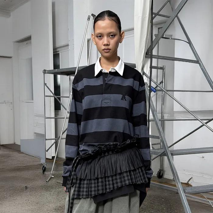 STRIPE TRIM RUGBY SHIRT (CHARCOAL)