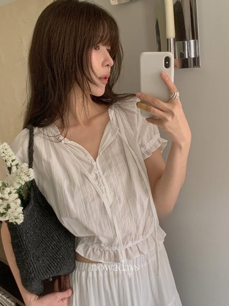 나우어데이즈 miel 미엘 에포크 블라우스 코튼 반팔 프릴 레이스 스트링 bl (2col)