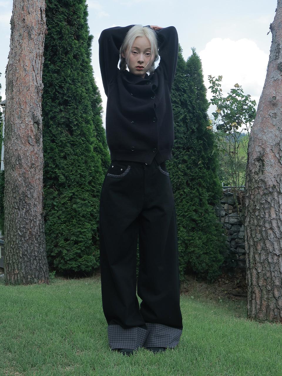 CHECK ROLL UP COTTON PANTS, BLACK