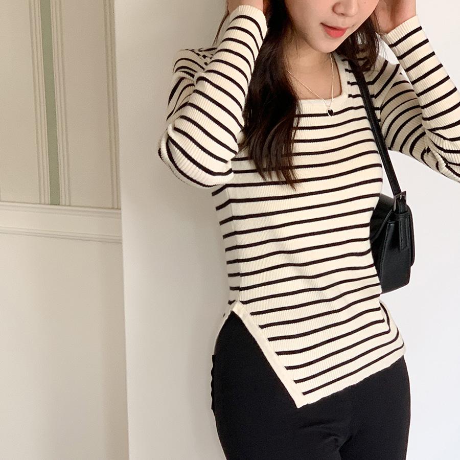 [🧶패턴/무지] 언발단가라 스퀘어넥 니트 스트라이프 패턴니트 슬림핏 골지 이너니트