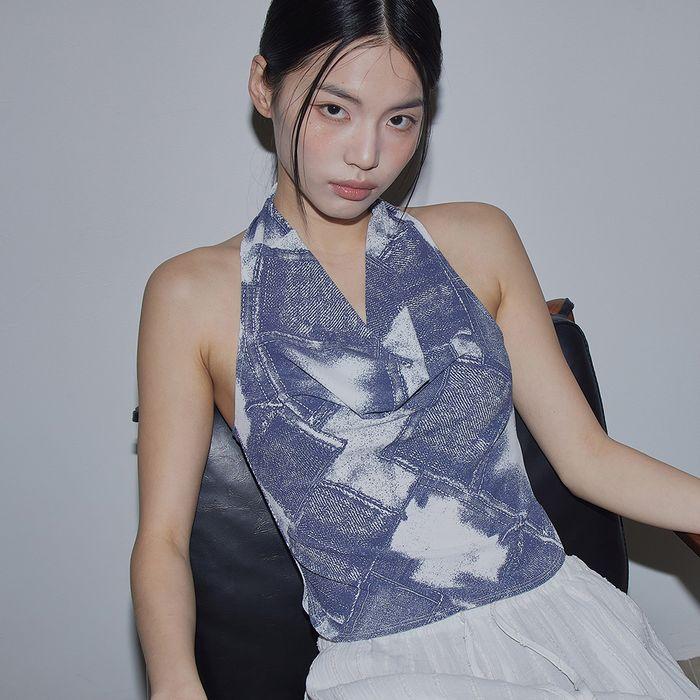DENIM PRINTED COWL NECK HALTER TOP_T516TP123