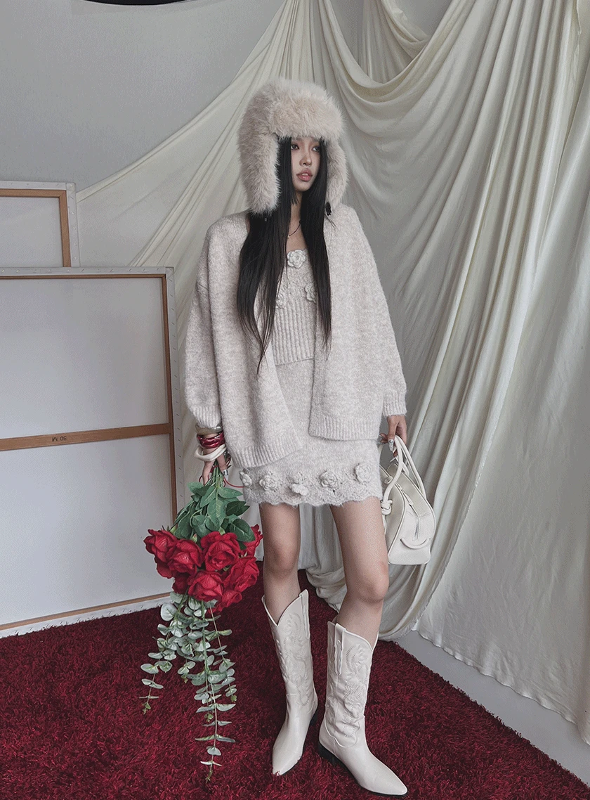 뜨개 플라워 니트 가디건 + 뷔스티에 + 스커트 SET