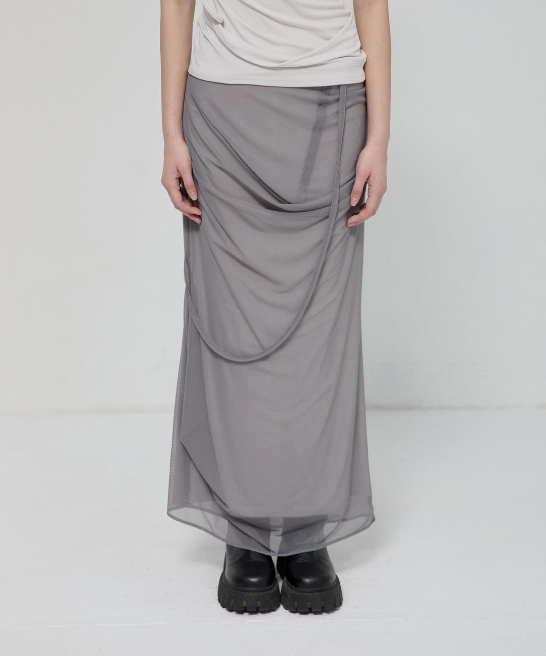 Draped Mesh Layered Long Skirt (FL-264_Gray)