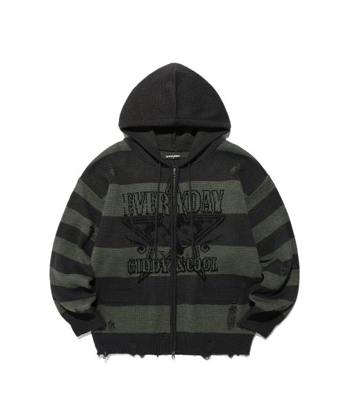 GC STAR VINTAGE STRIPE KNIT HOOD ZIP UP_KHAKI(IK2EFMK681A)