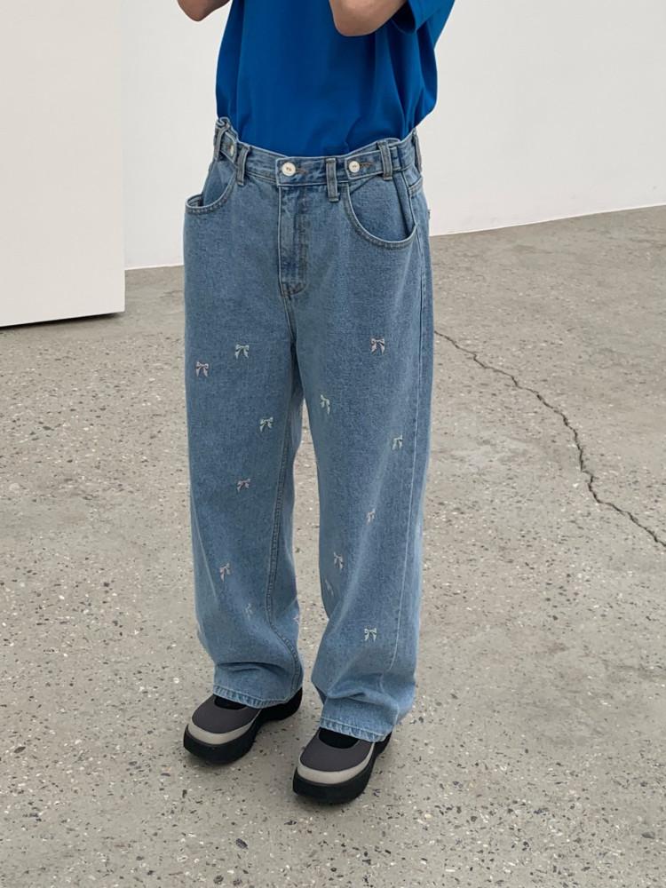 SNTA 러브마이산타 리본 자수 와이드 데님 팬츠