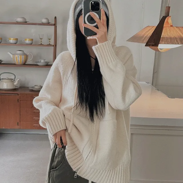 [겨울신상/도톰,따뜻] 주니 투웨이 울 오버핏 니트 후드 집업 - 2 color