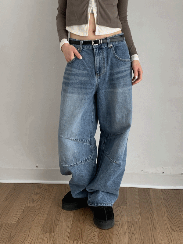 윌로우 절개 벌룬 맥시 롱 와이드 중청 데님팬츠