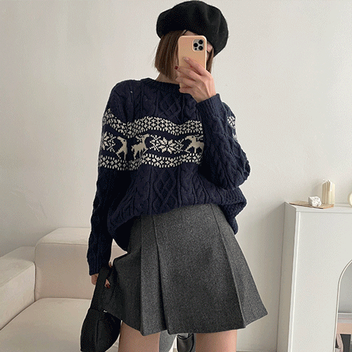 [오버핏!] 눈꽃 루돌프 오버핏 케이블 꽈배기 니트 티셔츠