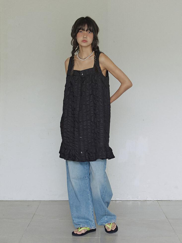 Volume seersucker dress / Black