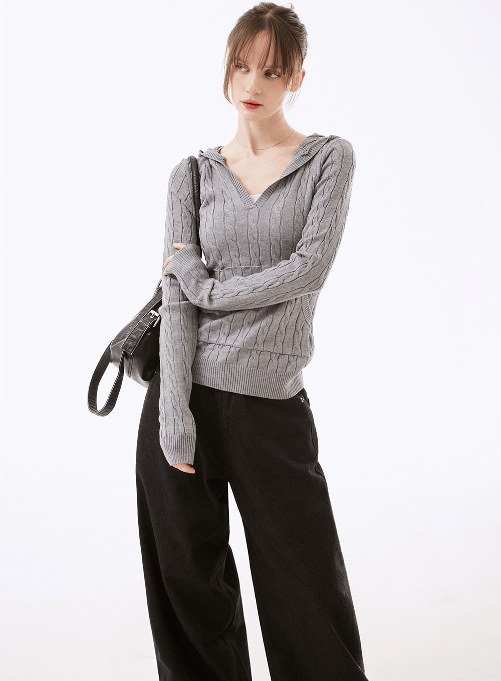 쉐도 케이블 후드 니트