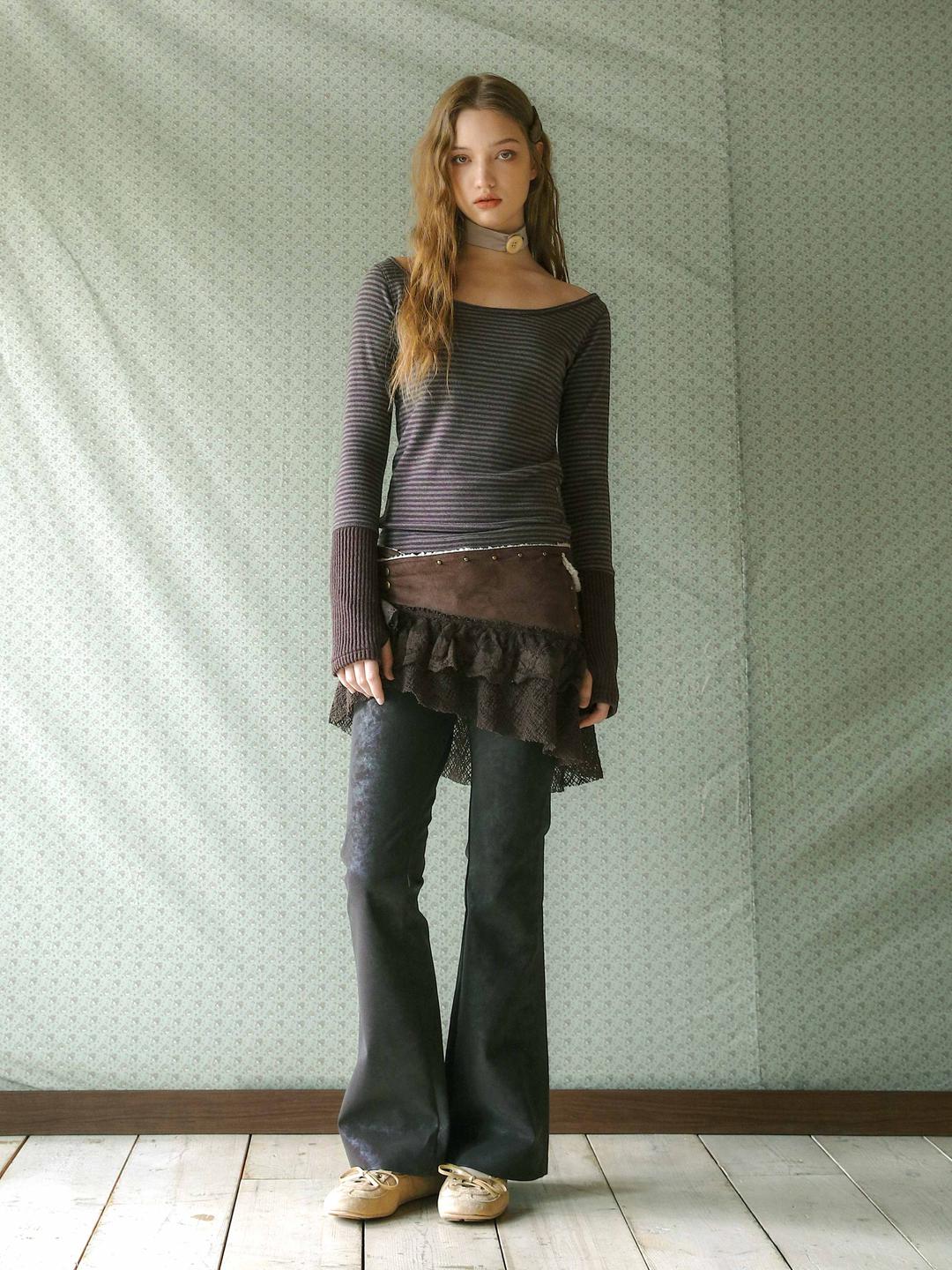 Hand Warmer Hairy Cozy Stripe L/S Brown