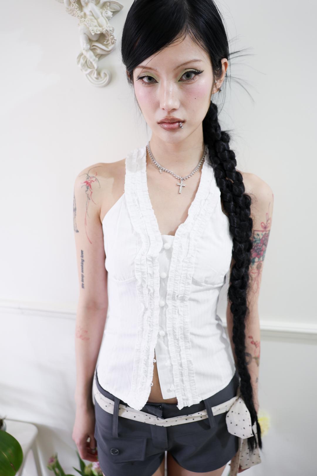 [Pink orchid house] Frill halterneck sleeveless