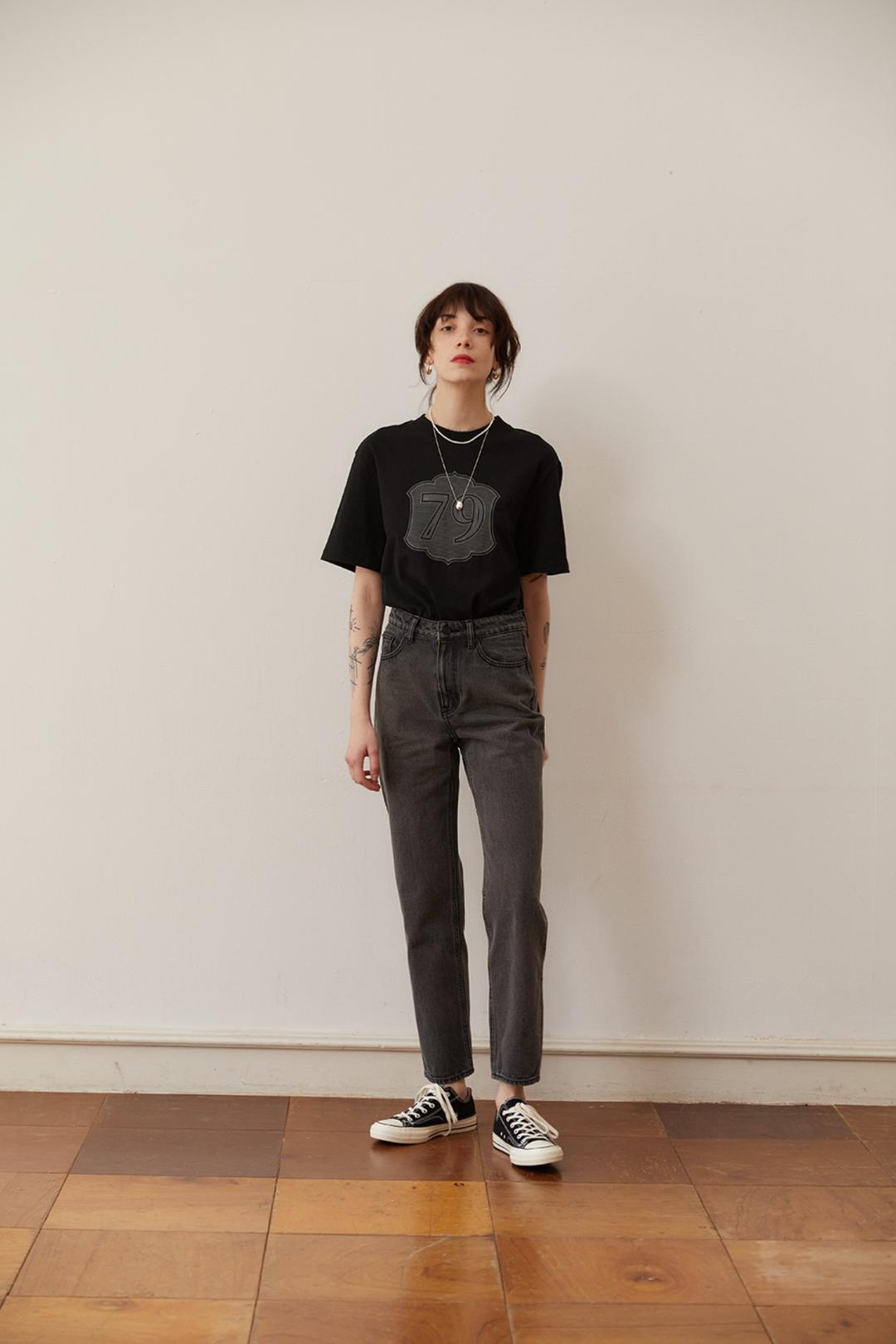 슬림 스트레이트 빈티지 코튼 팬츠 - 블랙