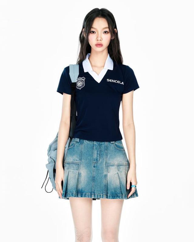 SENCELA 레트로 플리츠 데님 스커트 (블루)