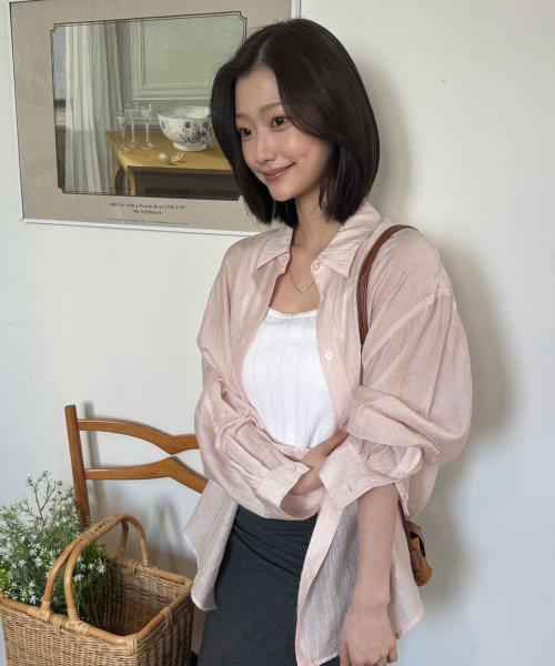 텐셀 시스루 루즈핏 셔츠 라이트핑크 MDSH019LPINK