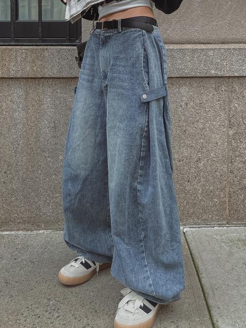 (UNISEX) 어텀 스냅 벌룬 와이드 데님
