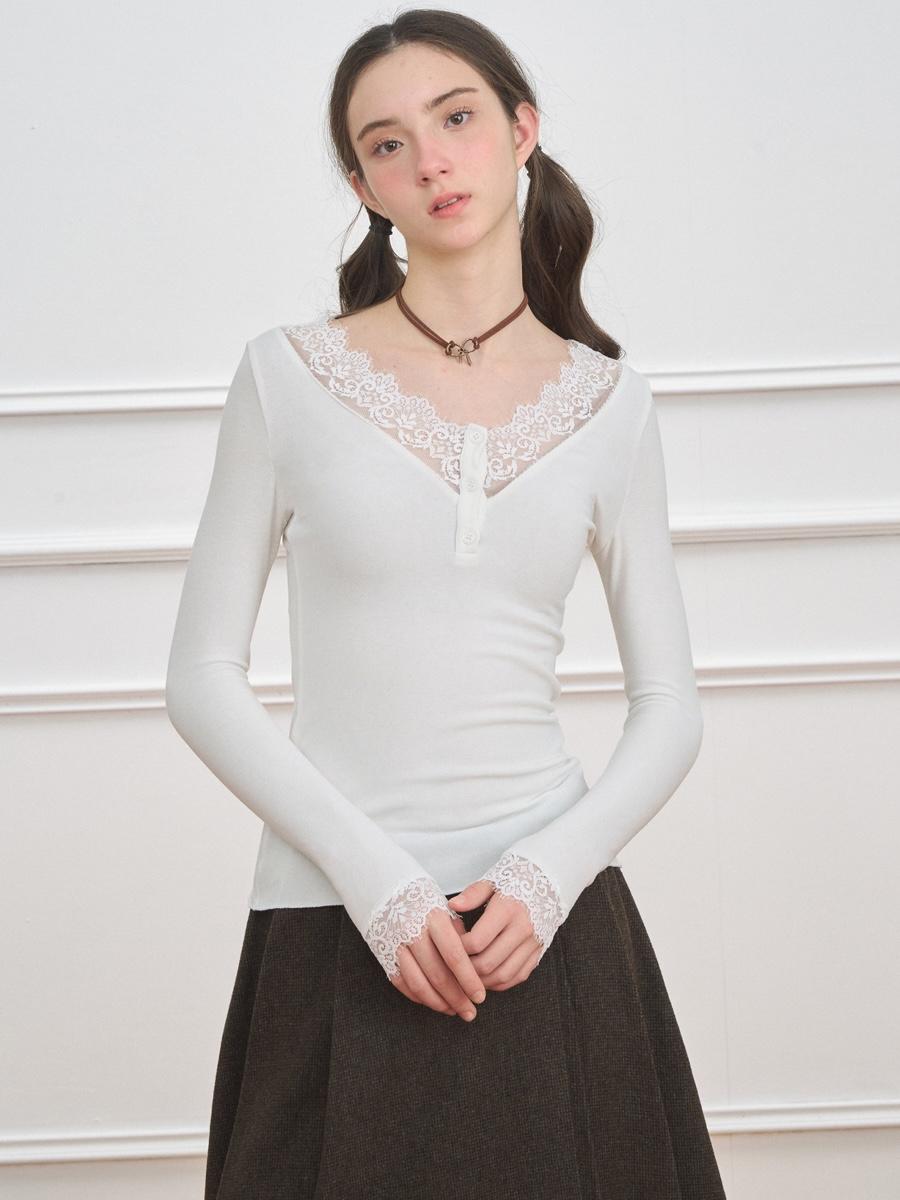 NECY STUDIO V-neck Lace Trimming Long Sleeve (2color)