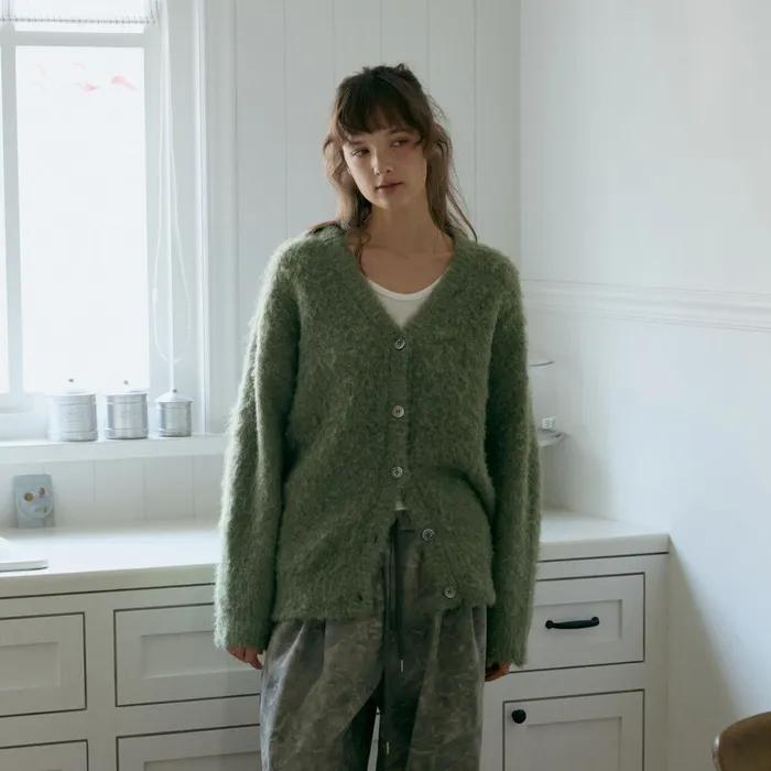 헤비브러쉬 울 가디건-올리브