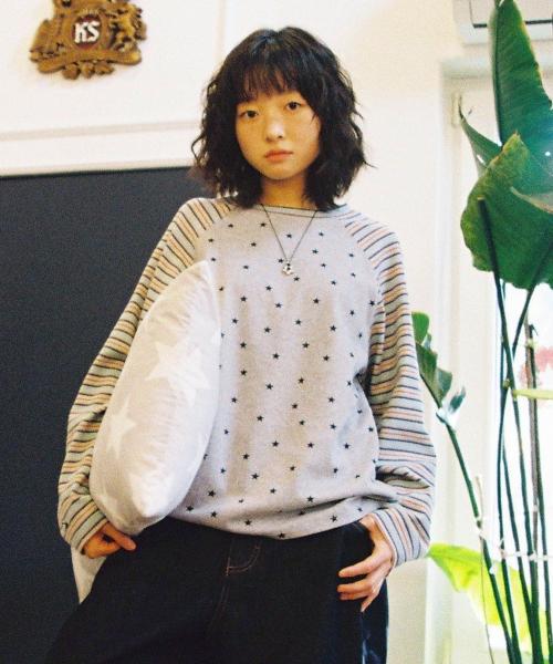 STRIPED STAR RAGLAN LS TEE GREY(CV2GSFT550A)
