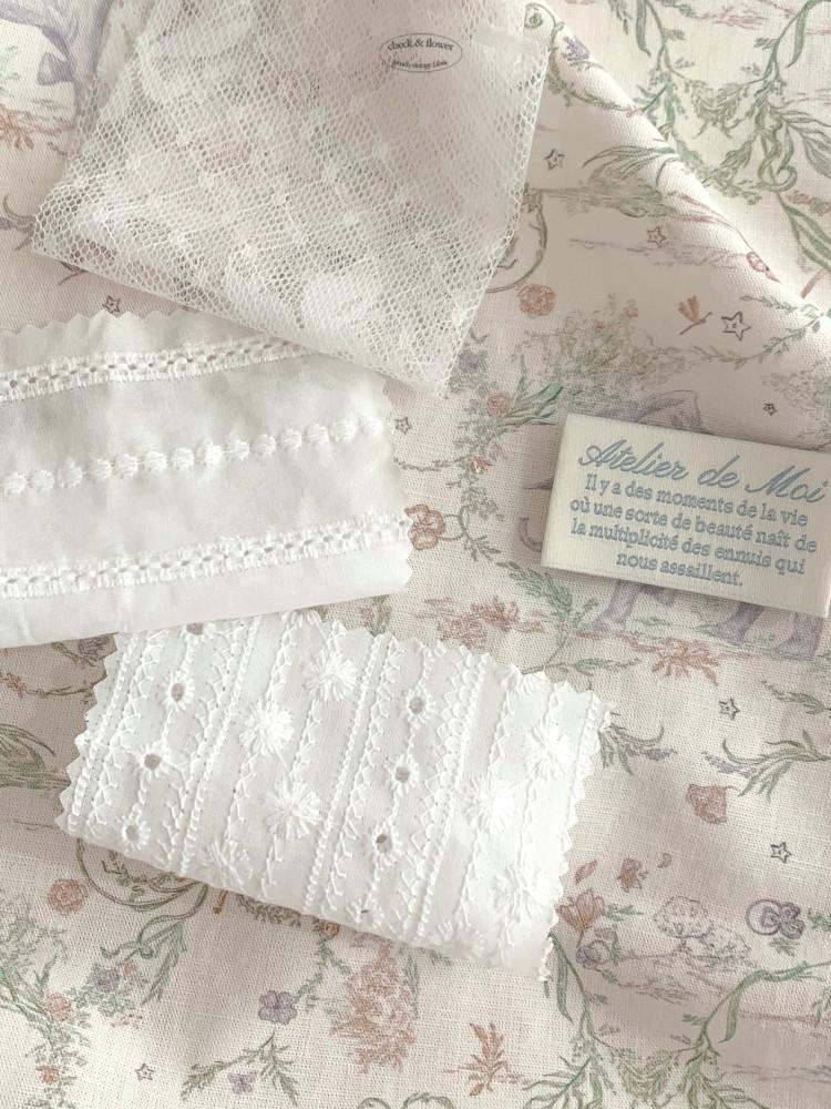 화이트 눈꽃 펀칭 플라워 자수 레이스 빈티지 원단