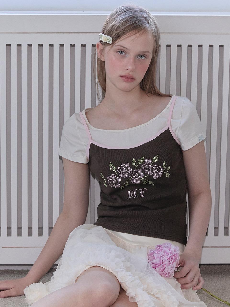 ROSE EMBROIDERY TANK TOP (BROWN)