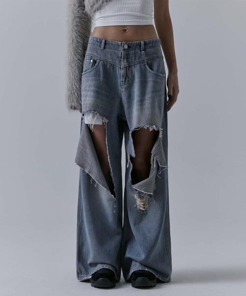 Flip Cut-out Damage Denim Pants [ Blue ]
