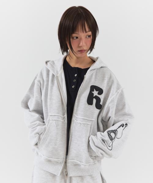 컷오프 아플리케 집업 후디 (멜란지 그레이)