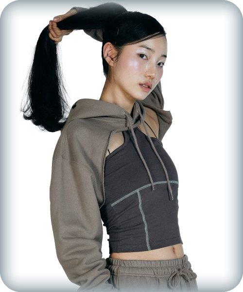 RAW EDGED CUT-OUT HOODIE [MOCHA]
