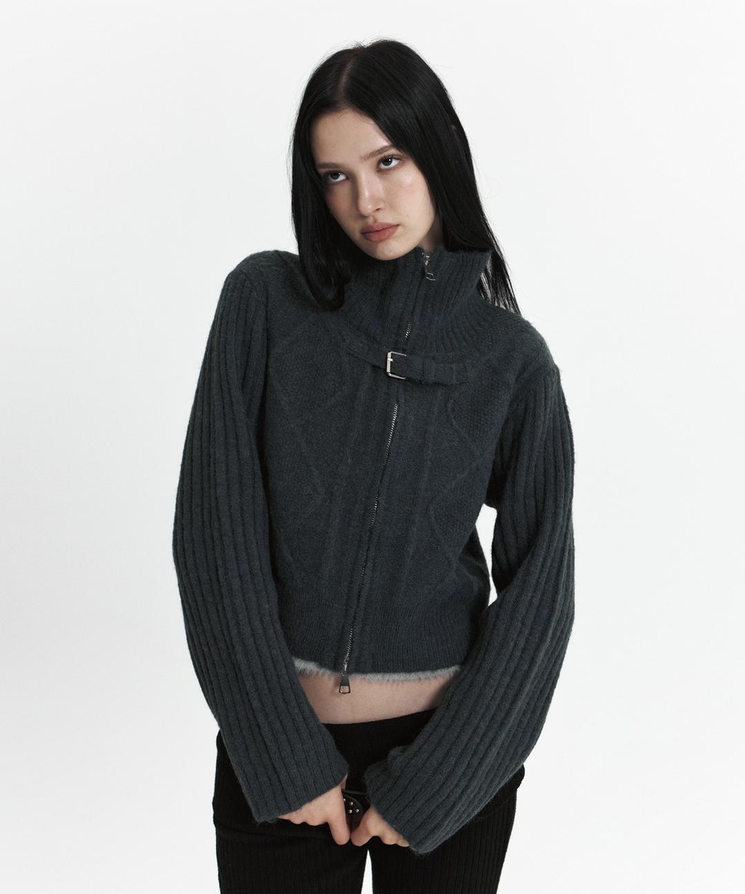 C HIGH NECK KNIT CARDIGAN_CHARCOAL
