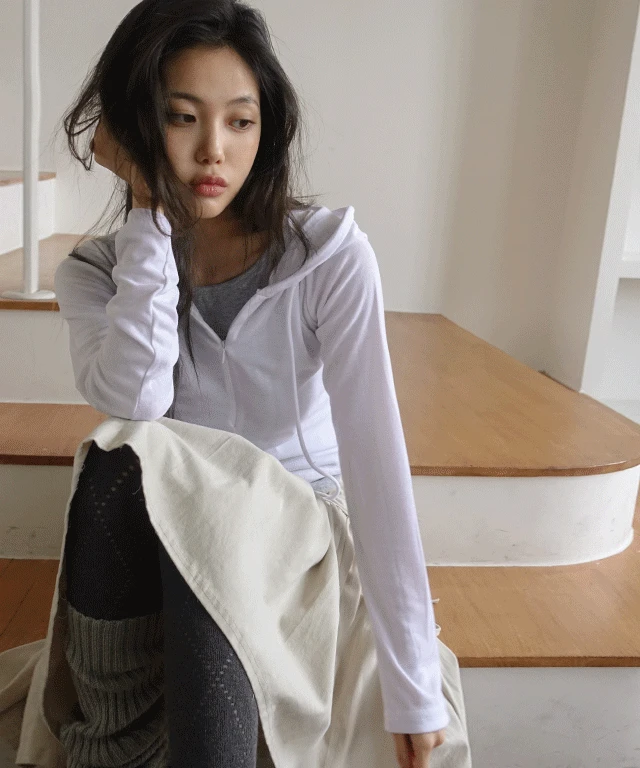 체이 레이어드 후드 반집업 긴소매 티셔츠