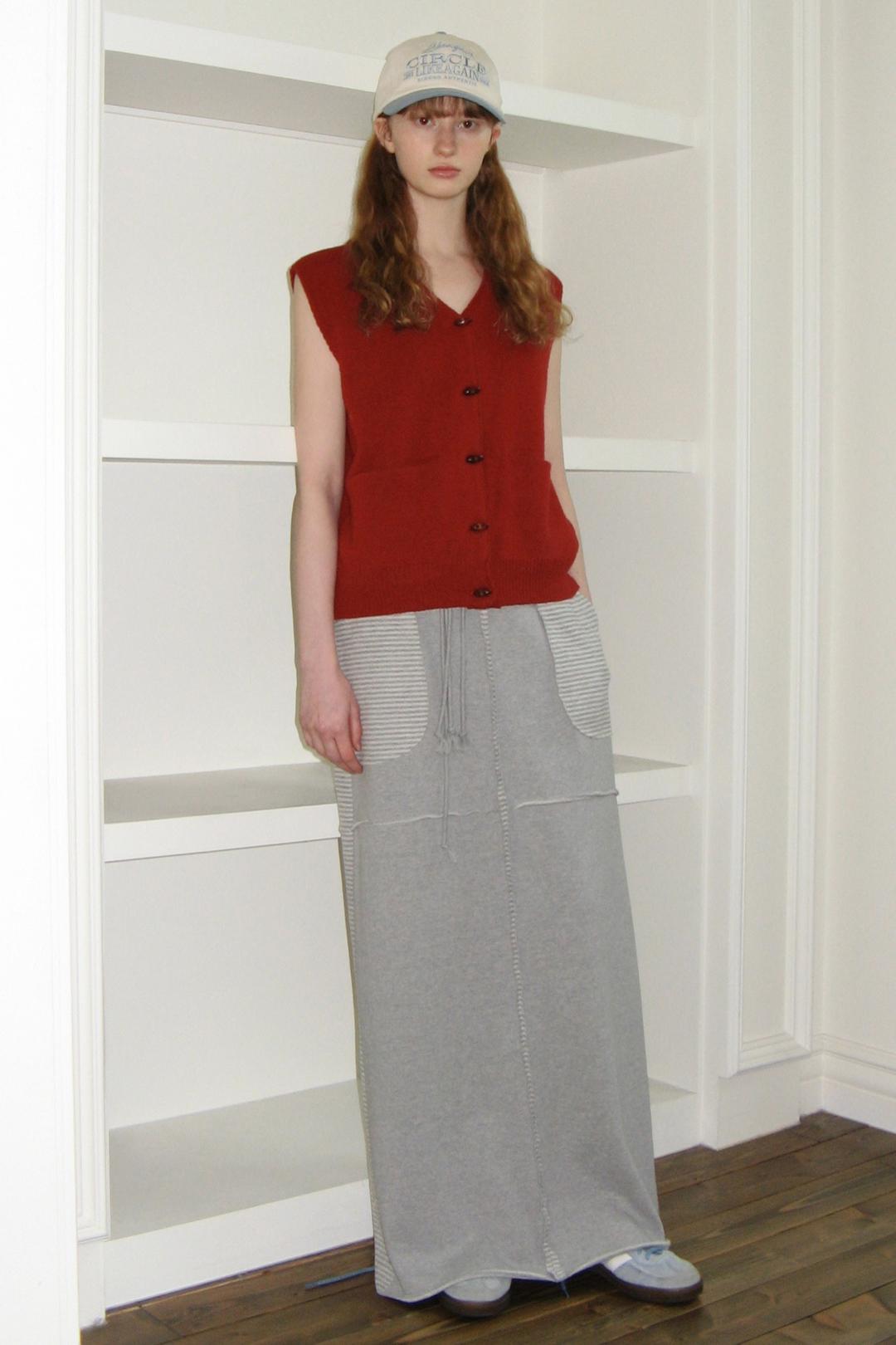 CUT-OFF STRIPE MAXI LONG SKIRT (GREY)