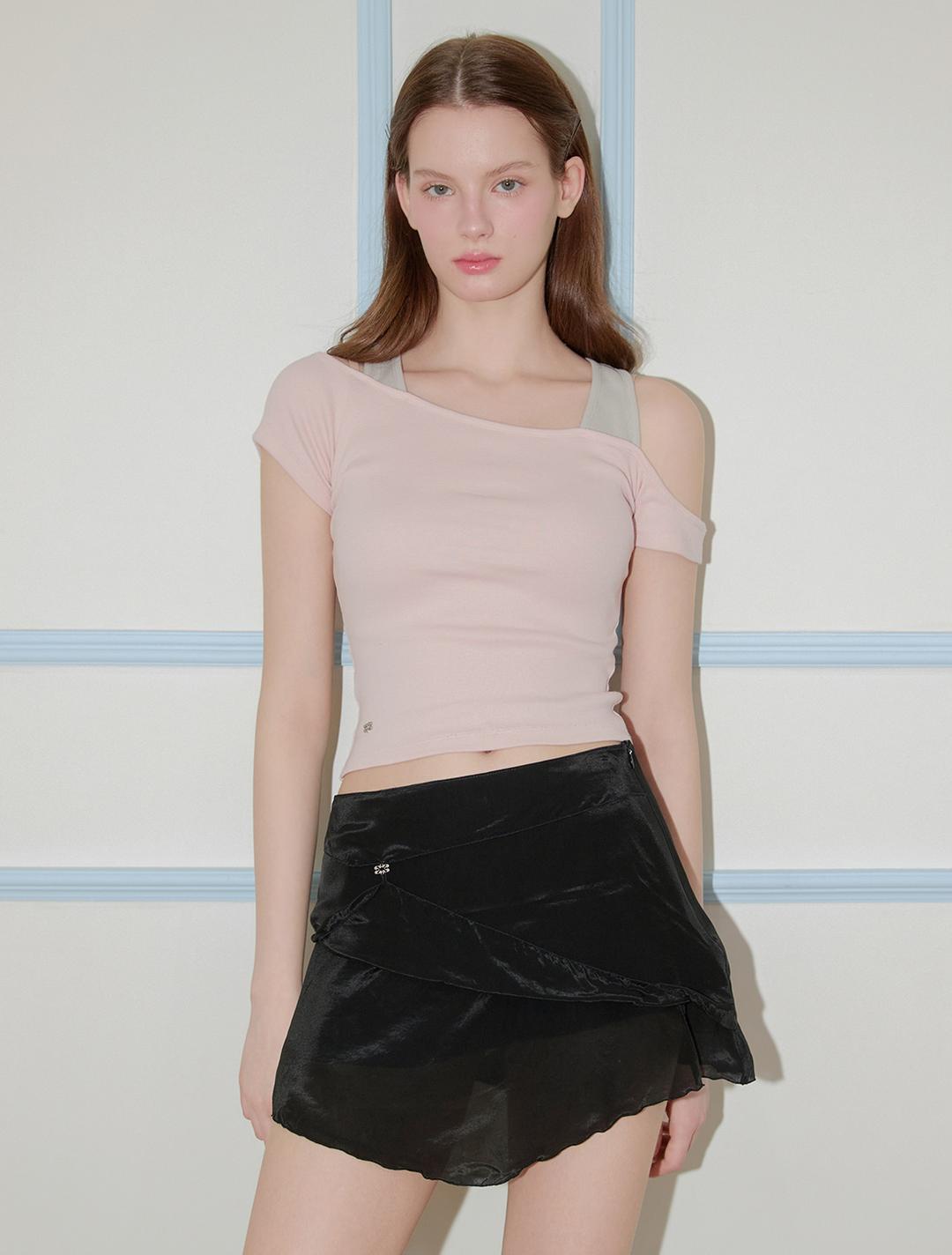 Off-Shoulder Cling Layered Sleeve Top (Pink)