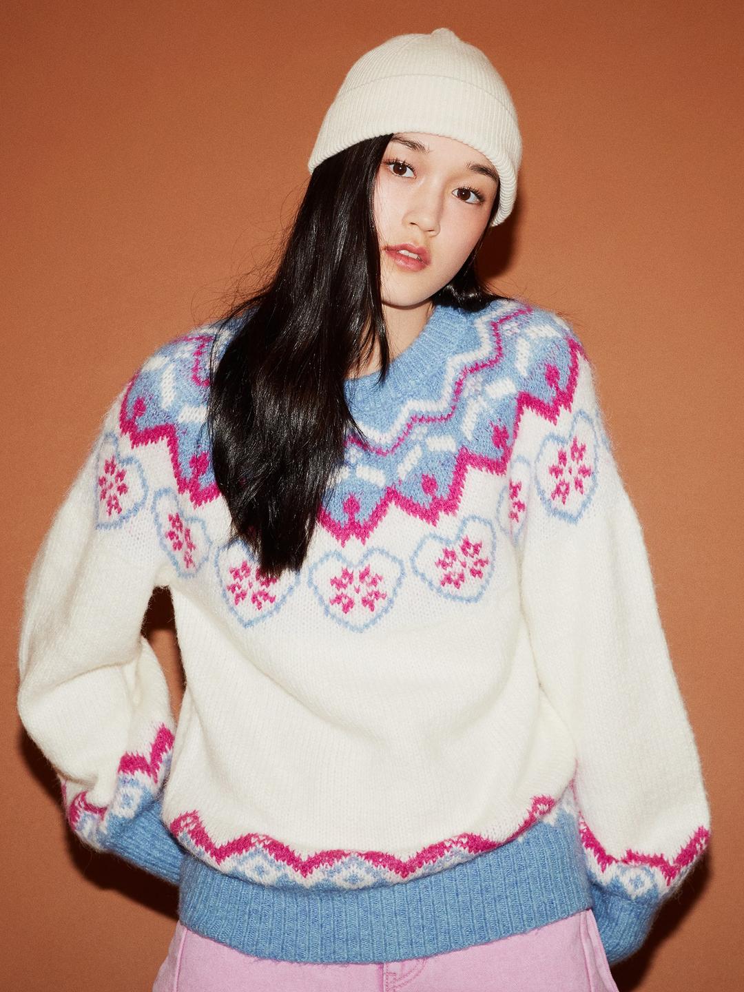 패턴 자카드 라운드넥 풀오버 - 아이보리