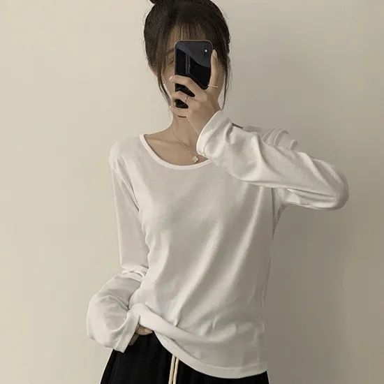 [프리미엄/인생핏!/면100] 답답함 없는, 리나 라운드 긴팔 가을 티셔츠 세미 크롭 캐주얼 무지 Y2K 긴팔티 6color