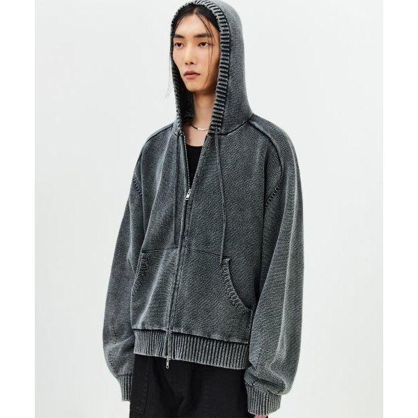 LMOOD [무료반품] 피스 다이드 후디 니트 집업 스테인 차콜 Piece Dyed Hoodie Knit Zip-up Stain Charcoal