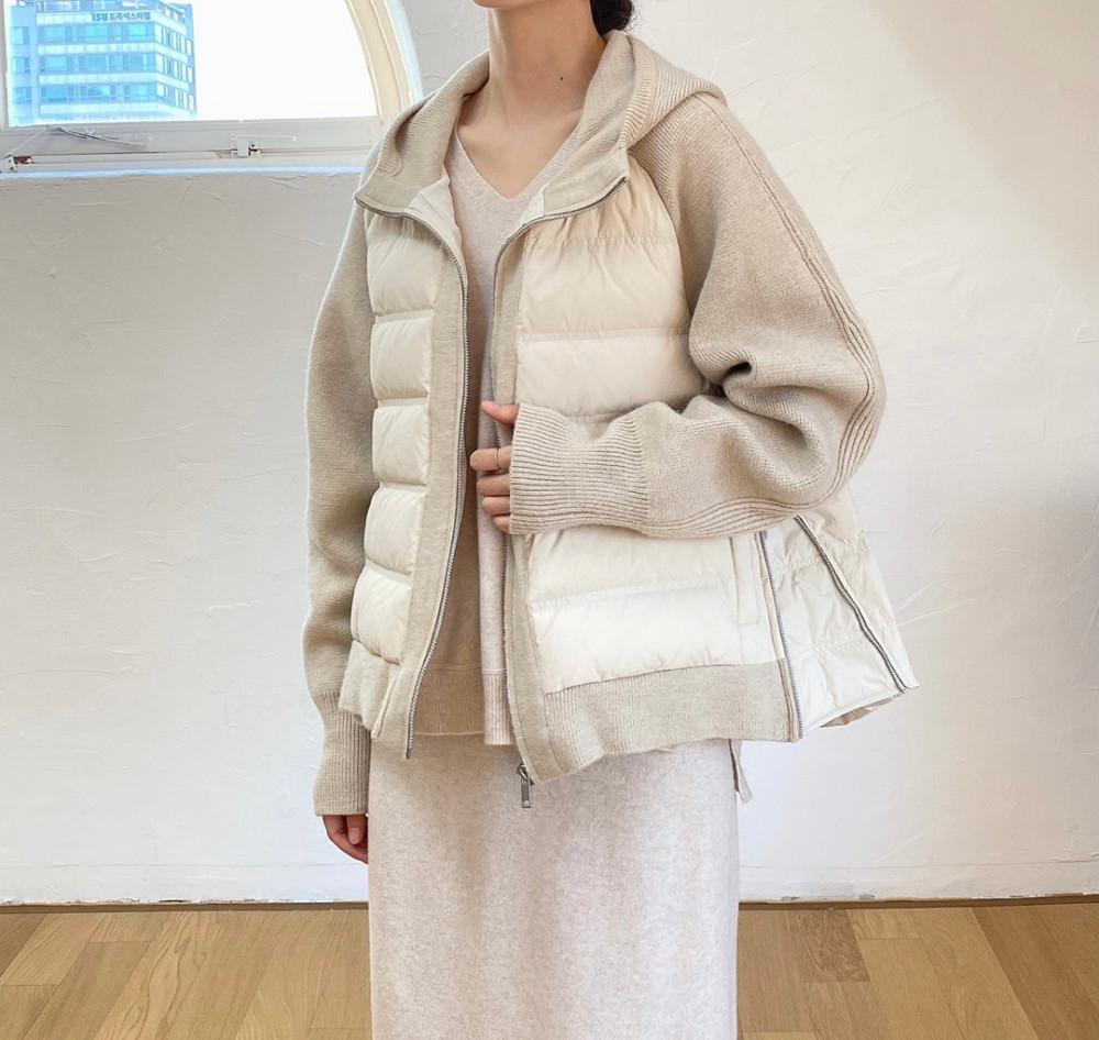 덕다운 후드니트 패딩[ 베이지 모카]