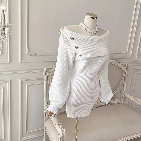 [여리루즈핏~예쁨💜] 엘서린 오프숄더 니트 미니원피스 / 결혼식 하객룩 행사룩 데이트룩 파티룩 브라이덜샤워 돌잔치원피스 겨울원피스 연말모임룩 셀프웨딩 니트원피스 오프숄더원피스