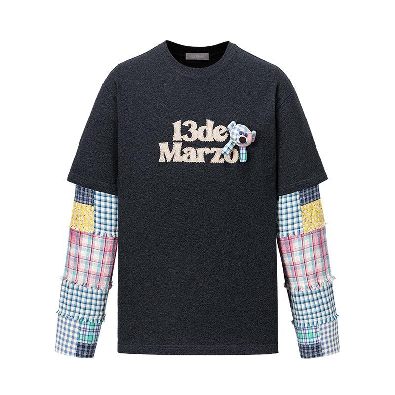 13DE MARZO Bear Plaid Sleeve T-shirt