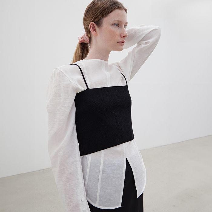 [4차] Rib-Knitted Bustier Crop Top - Black