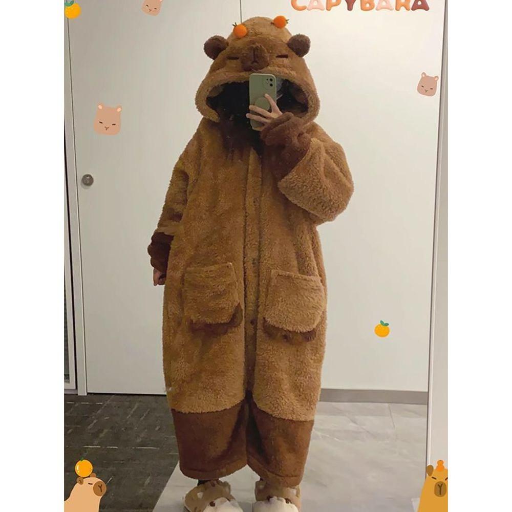 카비바라 수면 잠옷 원피스 파자마 뽀글이 후드