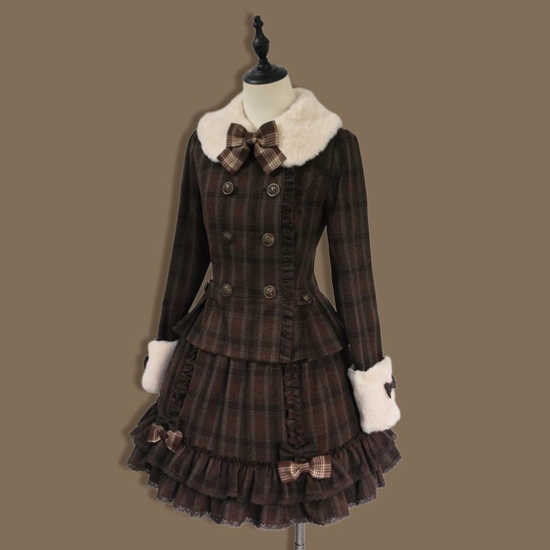 Sweet Dream Chocolate Filled Brown Plaid Jacket Skirt Two Piece Set