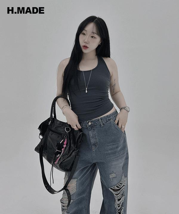 MADE #13526 베이직 쫀쫀스판 유넥 골지 슬림핏 홀터넥 나시 : 5color