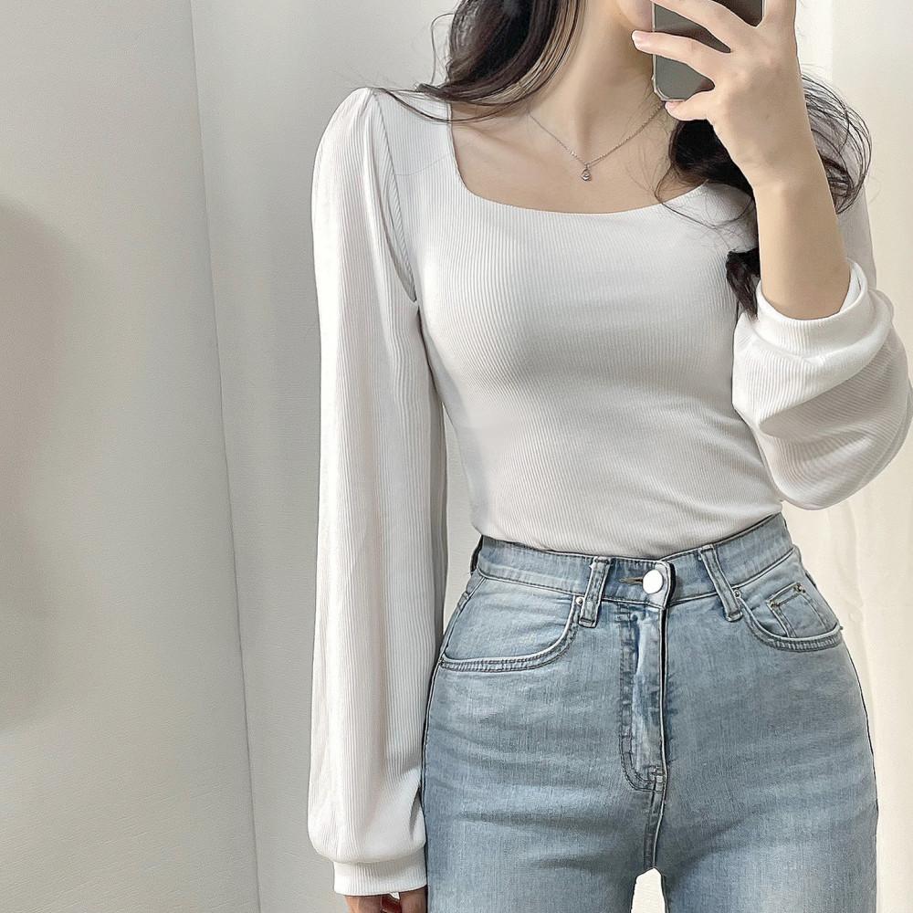 [속옷비침없음/핏보장!]퍼프 스퀘어넥 골지 셔링 러브 긴팔티셔츠